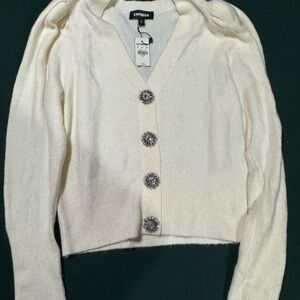 Express Women's White Sweater with Embellished Buttons